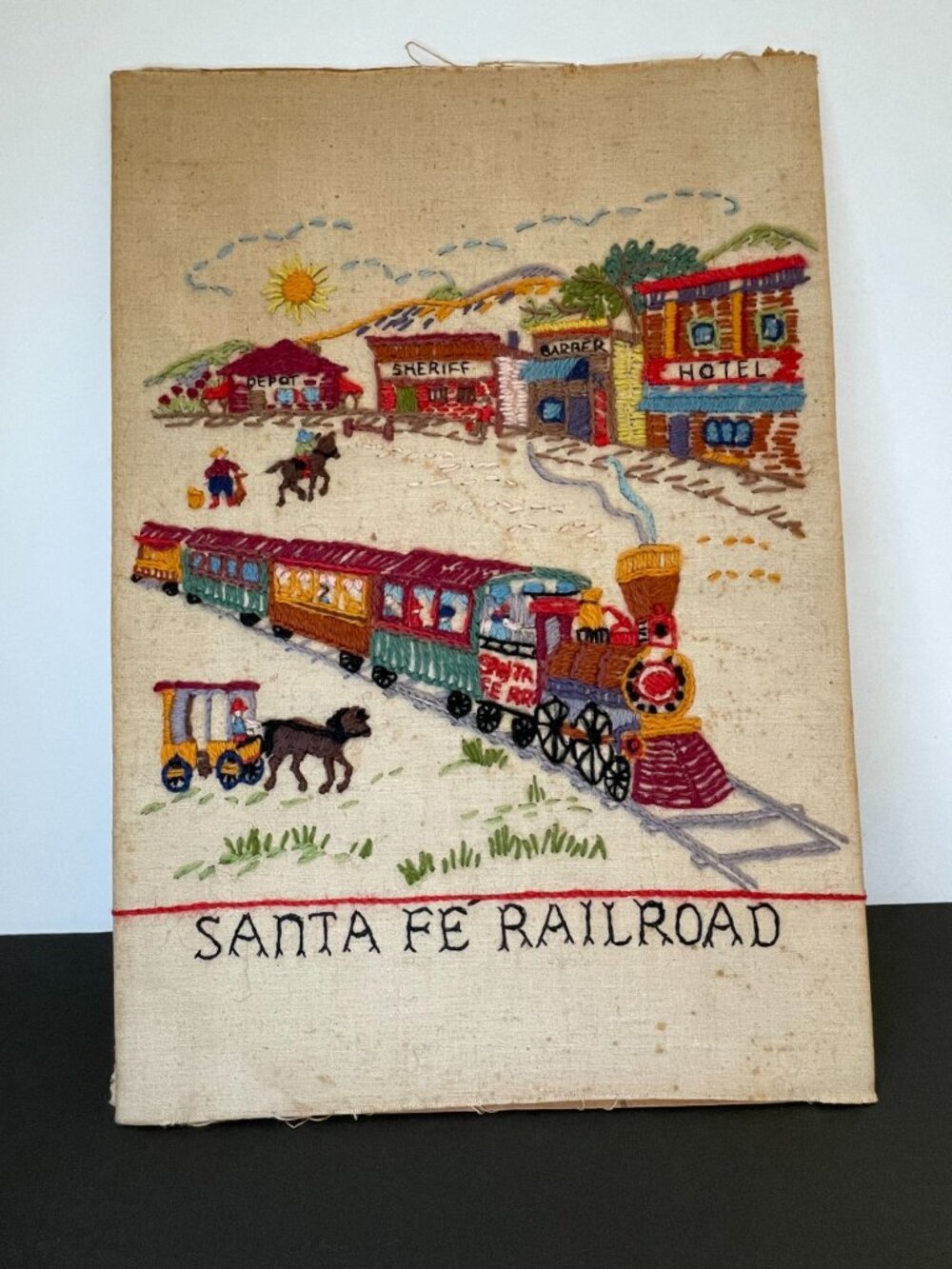 Vintage 1970s Santa Fe Railroad Wild West Crewel Embroidery Needlepoint 15x11